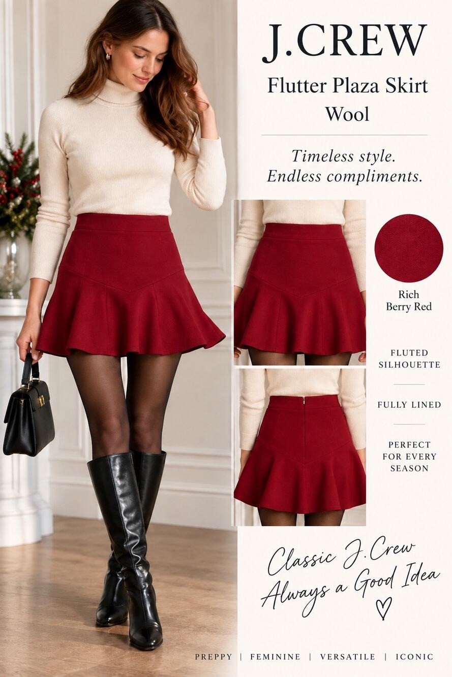 Preppy Feminine Dark Academia J.Crew Flutter Plaza Fluted Mini Skirt Berry Red 2